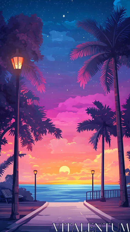 Sunset boardwalk framed by palm silhouettes and layered gradients