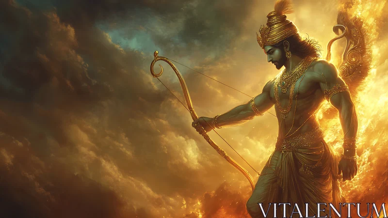 Mythic archer deity strides through incandescent storm clouds