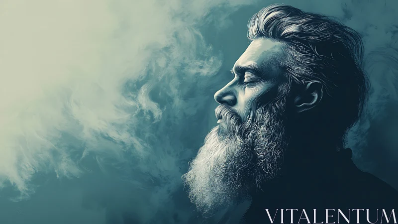 Bearded man in teal mist surrenders to quiet introspection