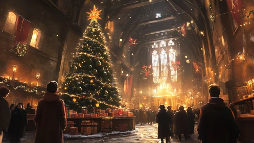 Grand hall Christmas tree and crowd under warm lights.