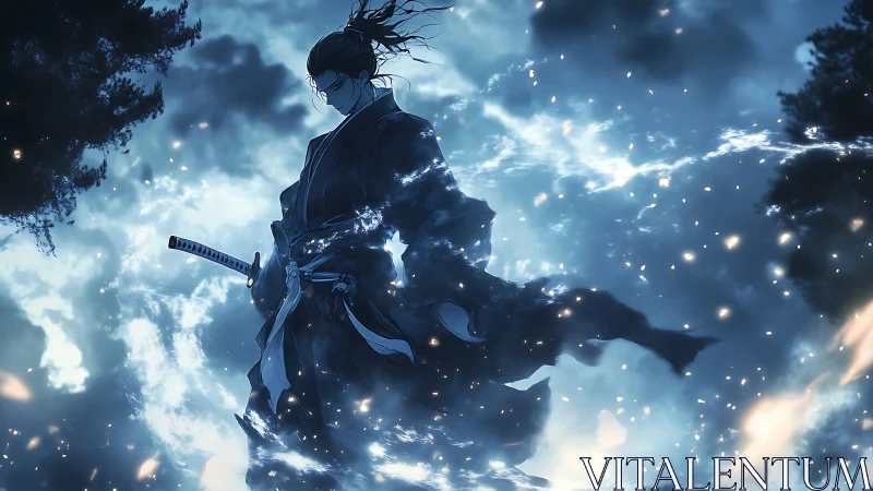 Anime samurai silhouette in dynamic ethereal storm composition.