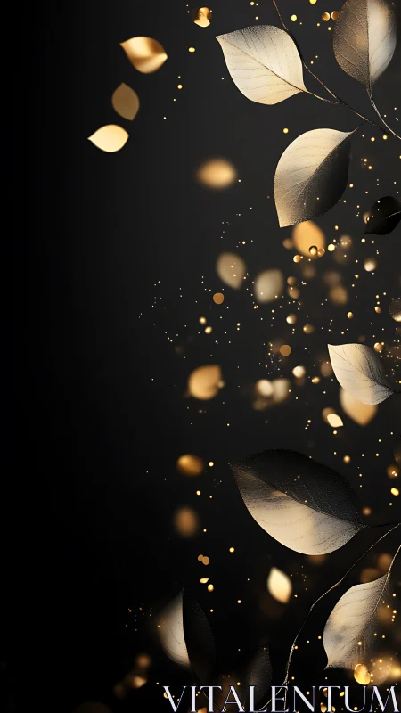 Gold metallic leaves and light particles on dark background.