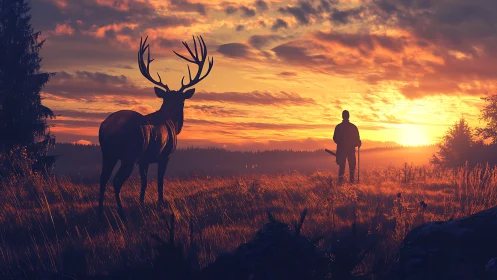 Digital painting of stag and hunter in backlit sunset field.