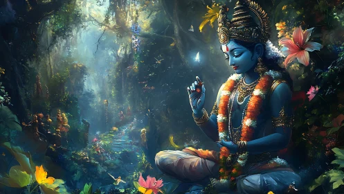 Serene blue deity meditating in a glowing forest sanctuary.