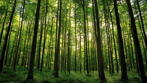 Sunlight streaming through tall green forest in serene natural style.