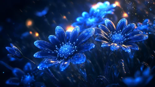 Digital composite of crystalline daisy flowers with bioluminescent properties