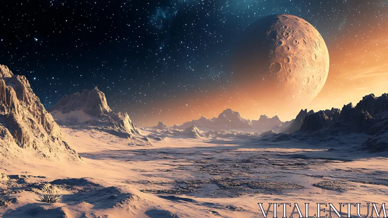 Frozen alien plain under large cratered moon at dusk.