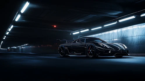 Sleek black hypercar waits under neon tunnel lights.