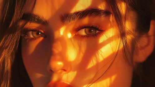 Woman’s face lit by warm sunlight with sharp shadow patterns