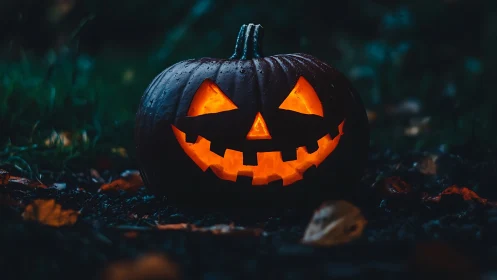 Jack-o’-lantern glow brightening a moody autumn night.