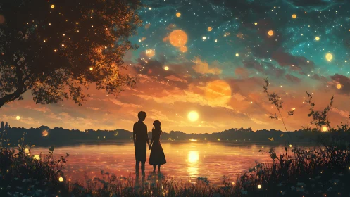 Starlit lakeside lovers under glowing sunset skyscape.