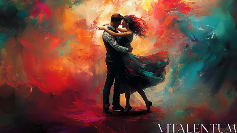 Two figures kissing within abstract expressionist colored field