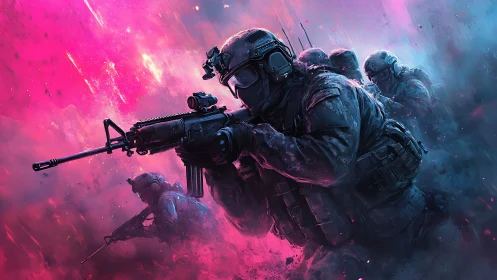Armed tactical squad advances through neon colored smoke