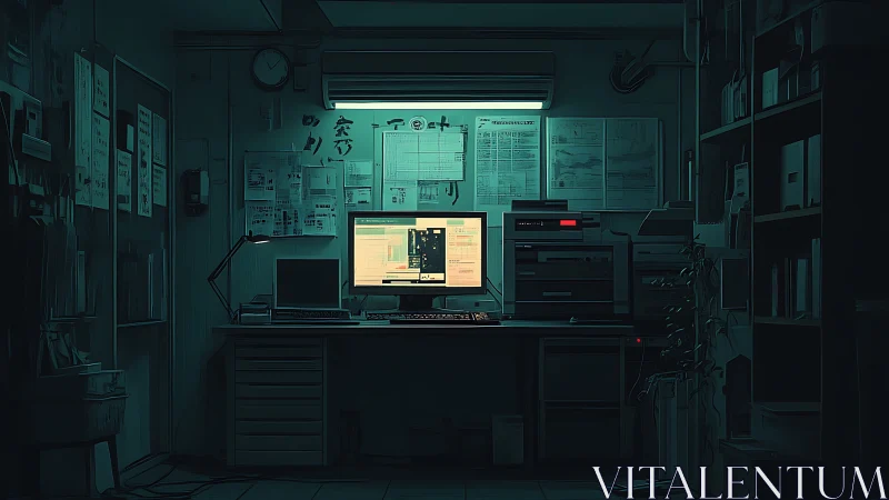 Late-night office workstation glows softly in quiet focus