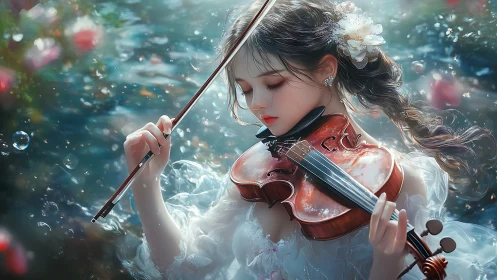 Enchanted young violinist drifts in luminous dreamscape.