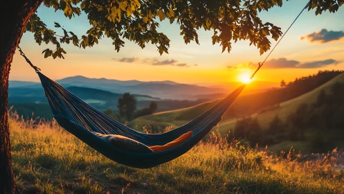 Hammock suspended under tree overlooking hilly sunset view.