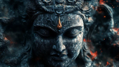 Serene stone deity face with ember accents and jewel.