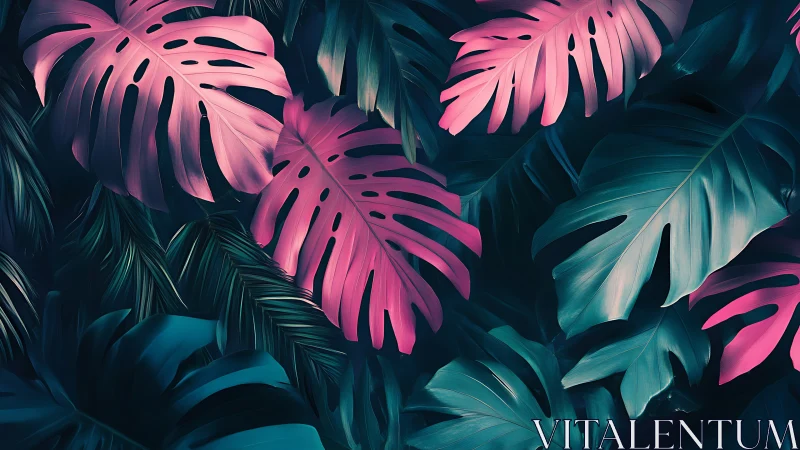 Neon pink and teal monstera leaves in dense pattern.