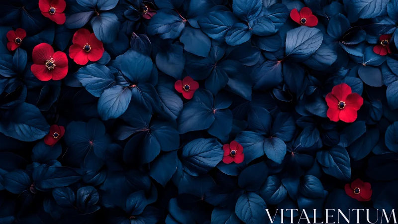 Deep Blue Foliage with Vibrant Red Flowering Accents