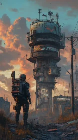 Lone wasteland scout greeting a rusted skyborne tower.