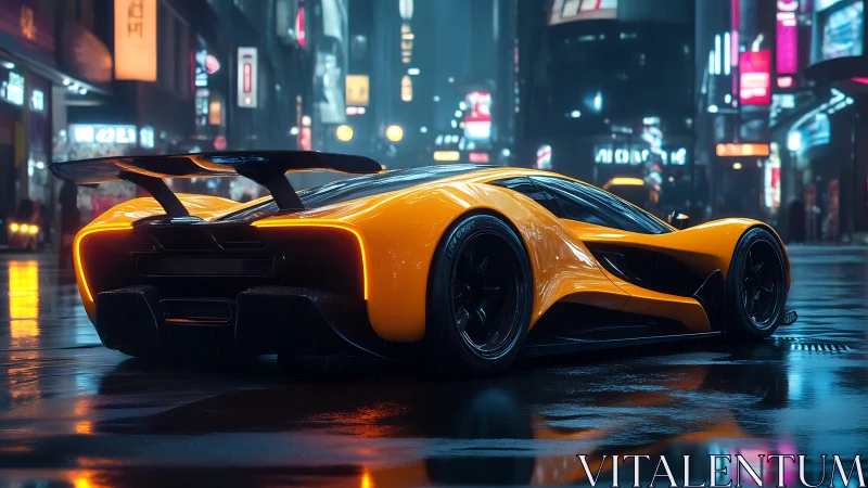 Low-angle view of orange hypercar in wet neon city street.