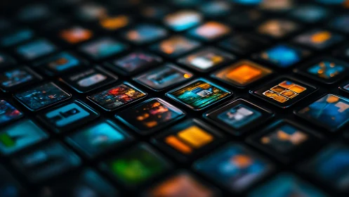 Colorful app icons grid with depth and soft bokeh focus.