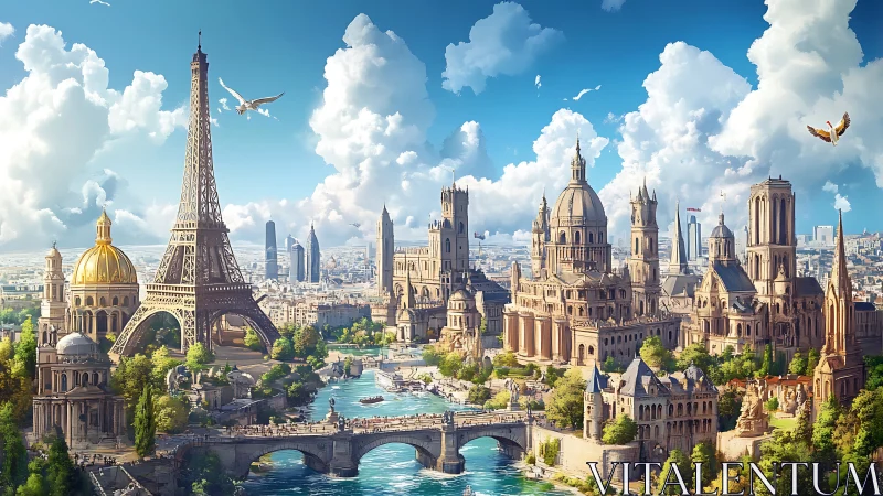 Dreamy European cityscape glowing under bright blue skies.