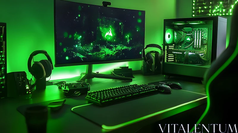 RGB-lit gaming desktop setup with green ambient lighting.