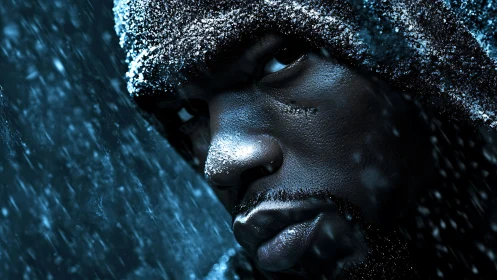 Intense hooded portrait stares through icy blue storm
