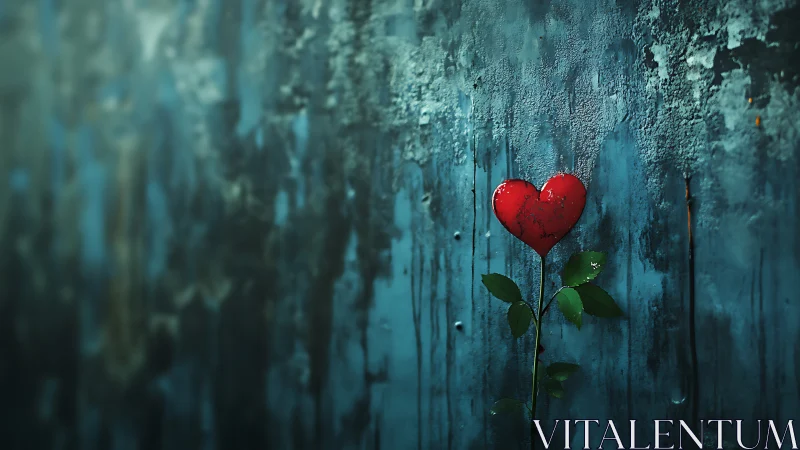 Red Heart Flower Blooming Against Weathered Turquoise Wall