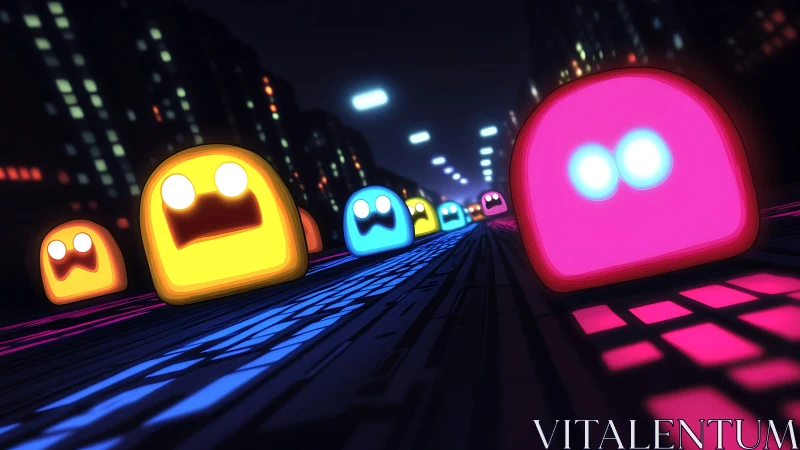 Neon ghost characters race through a futuristic digital cityscape