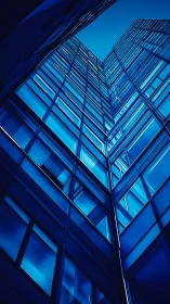 Glass office towers rise sharply with deep blue reflections
