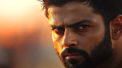 Sunlit resolve sharpens in a close-up of a bearded gaze