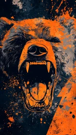 Roaring bear head rendered in high-contrast orange splatter graphics