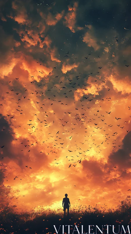 Solitary Figure Watches Fiery Sky Consumed by Chaos