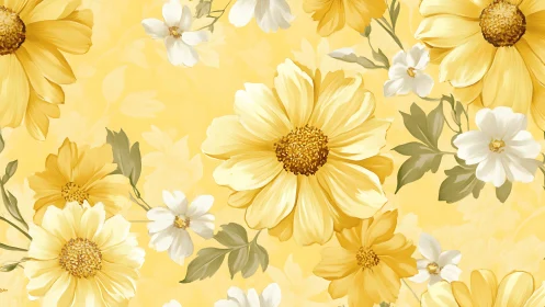 Layered Botanical Composition: Rendered Daisy and Chamomile Florals Against Luminous Yellow Backgrou