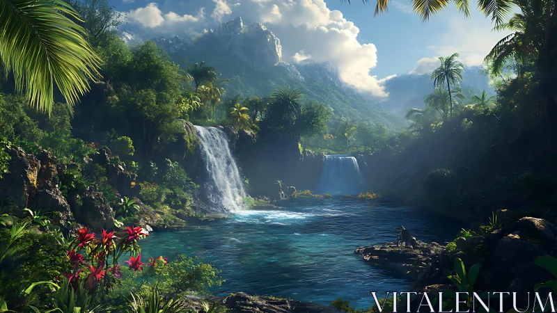 Hidden jungle lagoon with waterfalls and morning light.