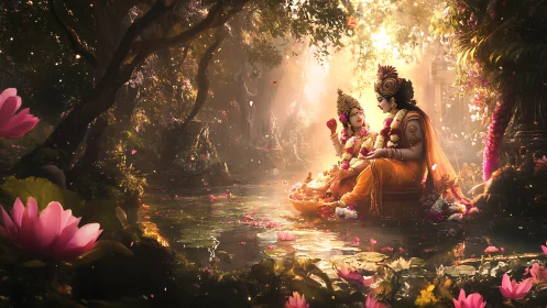Divine couple seated on lotus boat in glowing forest pool