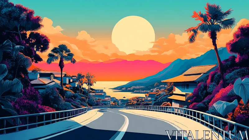 Coastal highway curves toward retro tropical neon sunset