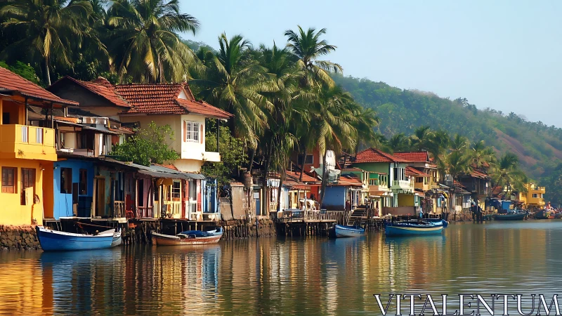 Fluvial tropical settlement with chromatic facades and moored craft.