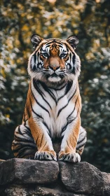 Photorealistic tiger portrait on stone ledge, centered composition.