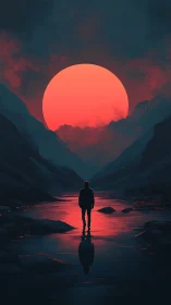 Lone wanderer bathed in the glow of a surreal red moon.