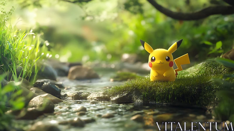 Pikachu resting beside a sunlit forest stream.