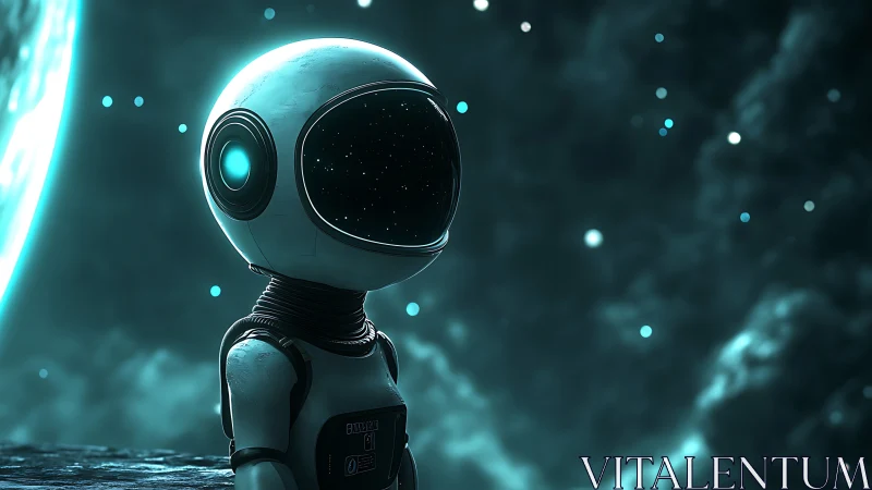 Humanoid space robot with helmet facing distant glowing planet.