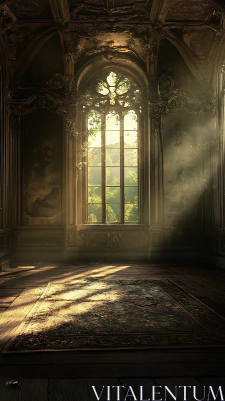 Sunlit abandoned salon with ornate arched window drama.