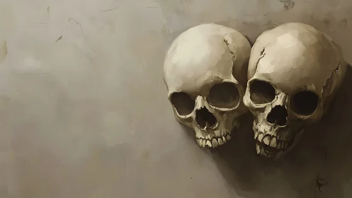 Twin human skulls rest against a neutral textured wall