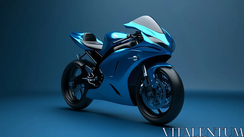 Sleek blue sport motorcycle stands poised in a studio glow