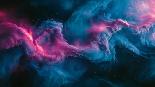 Turbulent pink and cyan nebula clouds form filamentary cosmic wave