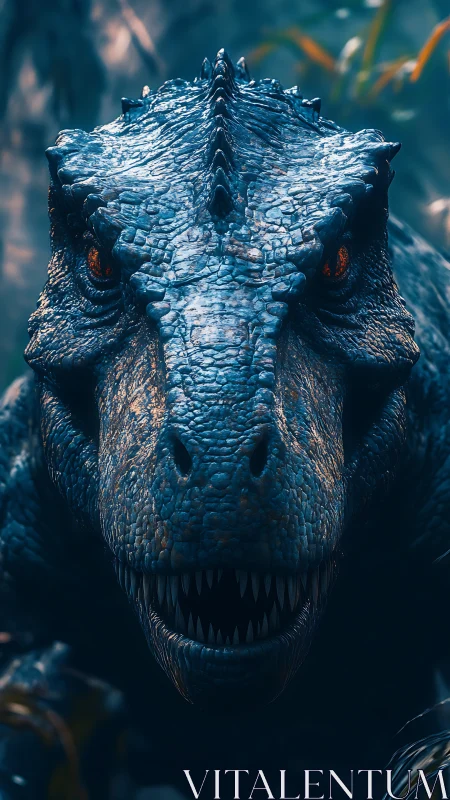 Predatory dinosaur closeup with menacing red eyes.