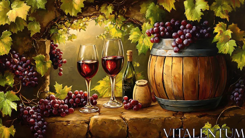 Wine barrel, glasses, grapes and vines in rustic setting.